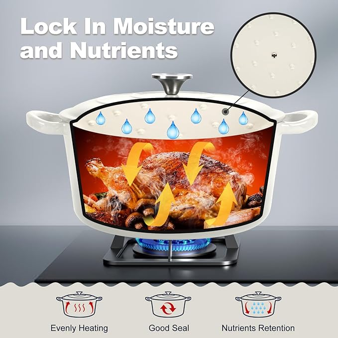 P&P CHEF 6QT Enameled Dutch Oven, Cast Iron Dutch Oven Pot with Lid for Bread Baking, Enameled Casserole Pot for Roasting Braising Stewing Frying Simmering, Various Stoves & Easy Clean, White