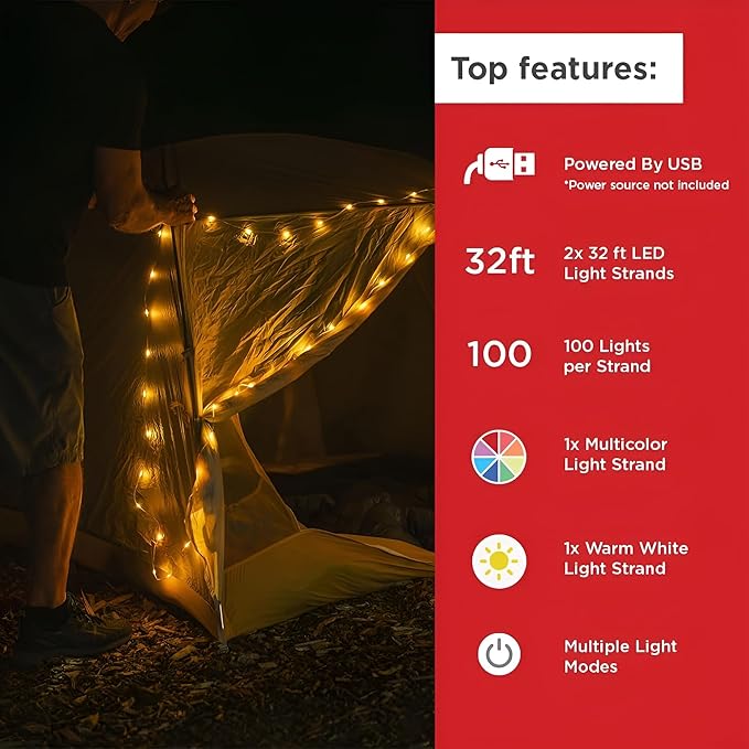 LuminAID LED String Lights - 2-Pack of 32ft USB Lights with 100 LED Bulbs per Strand - Warm White and Multicolor with 8 Modes - Perfect for Camping, Backyard, Patio, Power Outages, Indoor & Outdoor