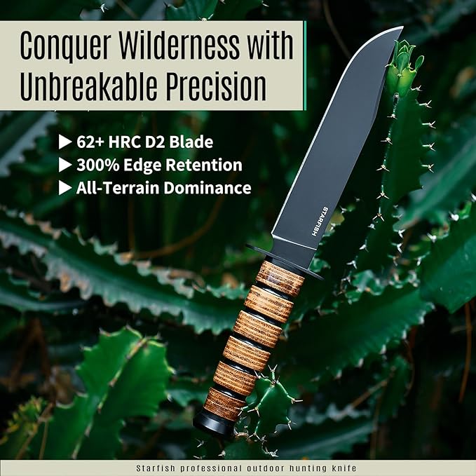 STARFISH Fixed Blade Knife, 7.0” DC53 Steel Blade with Black Titanium Coating Full Tang Hunting Knife with Sheath, Ergonomic Leather Handle Bushcraft Bowie Knives for Camping, Hiking