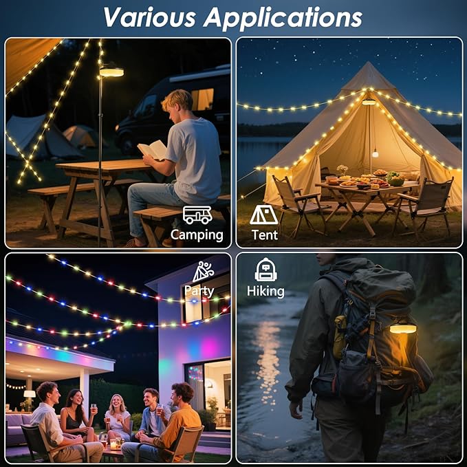 2Pack Camping String Lights, 4-in-1 Quick Storage Camp Light, 8Mode 32.8FT Hanging Tent Lights, Rechargeable Camp Lamp As Camping Essentials Gear, Waterproof LED Lantern for Hiking Travel Patio Party