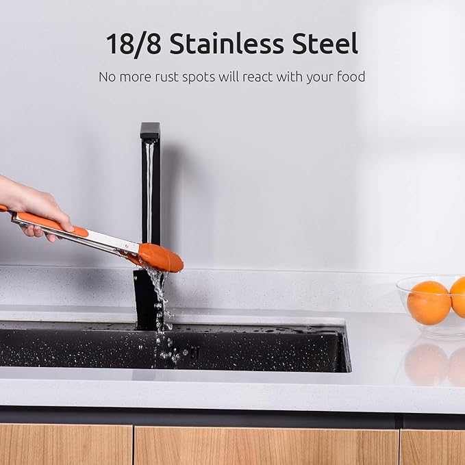 Kitchen Tongs, U-Taste 7/9/12 inches Cooking Tongs, with 600ºF High Heat-Resistant Non-Stick Silicone Tips, 18/8 Stainless Steel Handle, for Food Grill, Salad, BBQ, Frying, Serving, Pack of 3(Orange)