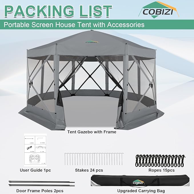 COBIZI 15x15ft Extra Large Pop-Up Gazebo Canopy Tent with Mosquito Netting, Spacious Easy Set-Up Screened Shelter, Durable Outdoor Pavilion with Ground Stakes, Perfect for Patio, Backyard,Gray