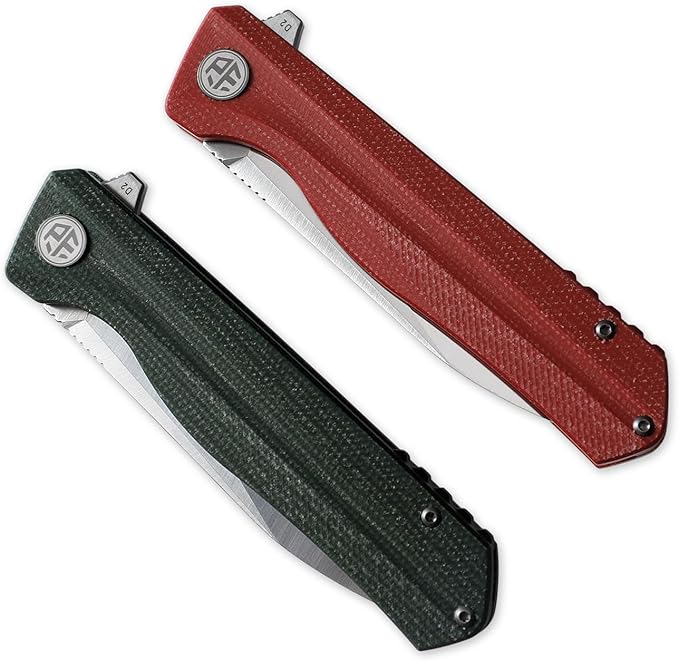 Petrified fish PF818 Folding Knife,3.54" D2 Steel Satin Blade,104g Micarta Handle Pocket Folding Knife (Green, Micarta)