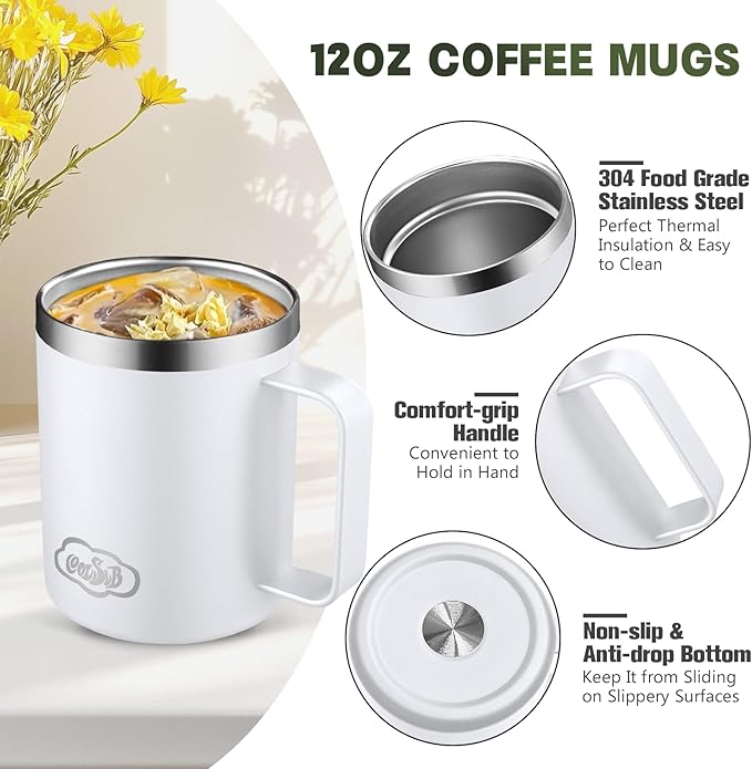 12oz Insulated Coffee Mug with Handle, Stainless Steel Wide Mouth Travel Tumblers with Lid, Double Wall Vacuum Coffee Cup for Camping, Office, White 4 Pack