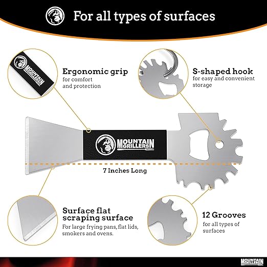 Mountain Grillers BBQ Grill Grate Scraper - Wide Portable Grill Scrubber for Outdoor Grill, Griddle, Smoke or Oven Grates - Non Slip Stainless Steel Grill Cleaning Tools with Built-in Bottle Opener