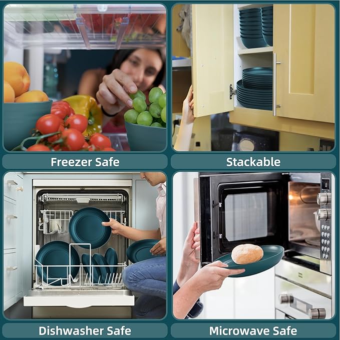 Green Unbreakable Plates and Bowls Sets Microwave and Dishwasher Safe,Dark Green Dinnerware Sets for 8,Christmas Reusable Plastic Dishes Set Lightweight for Kids Elderly Kitchen Adults Camping Outdoor