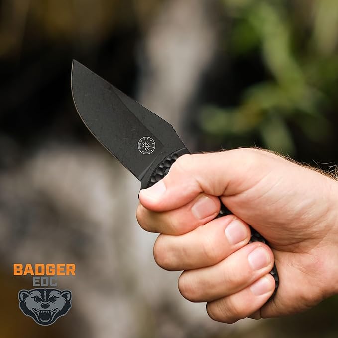 Off-Grid Knives - Badger EDC Folding Knife with Sandvik 14C28N Blade, Ball Bearing Pivot, G10 Scales, Grid-Lock, Ambidextrous Deep Carry Clip (Blackwash)