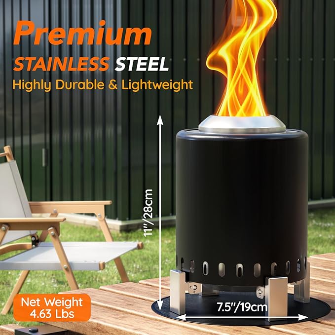 Mini Smokeless Tabletop Fire Pit with Pan Stand, Portable Stainless Steel Firepit Stove for Camping, Burns Pellets or Wood, Includes Travel Bag, Black