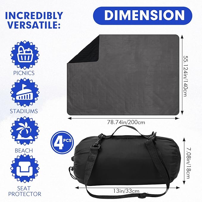 Tranqun 4 Pcs Large Outdoor Blanket 78'' x 55'' Quilted Windproof Waterproof Fleece Sandproof Stadium Water Resistant Foldable Warm Blanket for Camping Picnic Sporting Events Cold Weather