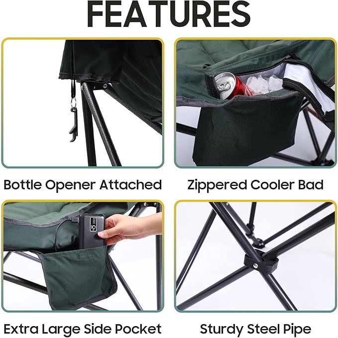 Nice C Heated Camping Chairs with Battery, Outdoor Heated Chair, Oversized XL Padded Camping Chair, Camp Chairs, Wide&Thick, Heavy Duty 400lb, Carry Bag, Cupholder & Cooler (Two Green)