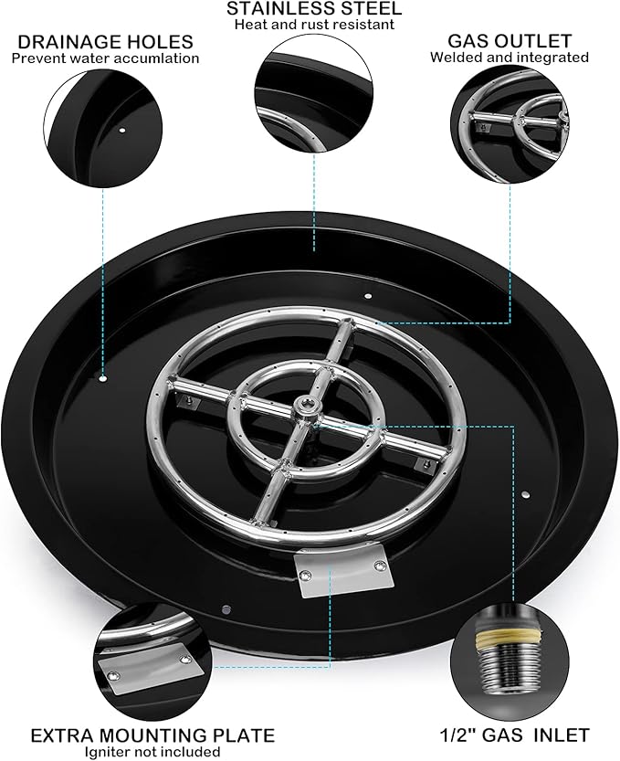 Stanbroil 19-Inch Round Fire Pit Burner Pan, Drop-in Gas Firepit Insert for DIY Fire Pit Table, Porcelain Steel, BTU 92,000 Max