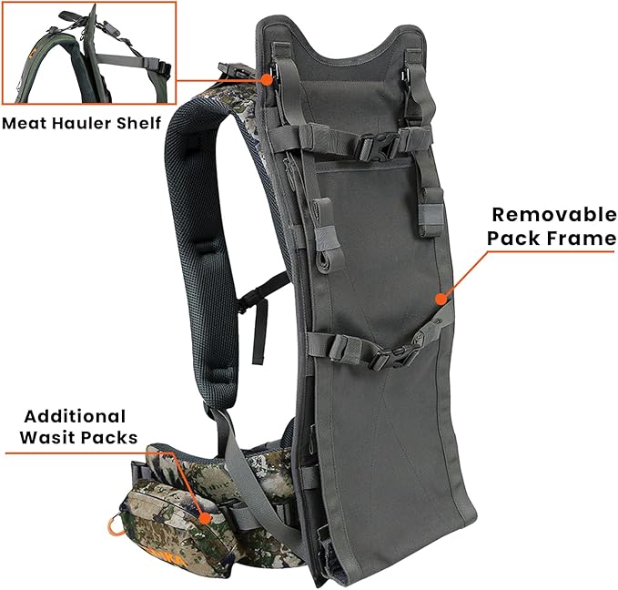 SPIKA Hunting Backpacks for Men, Meat Hauler Frame Pack with Rifle Holder, 40L/80L Extendable + Capacity for Bow Rifle Gun