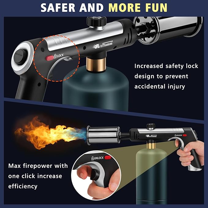 Powerful Propane Torch Gun, Flamethrower with Turbo Mode, Charcoal Torch Lighter with Safety Lock, Kitchen Blow Torch for Cooking, BBQ, Searing Steak, Grill(Tank Not Included)