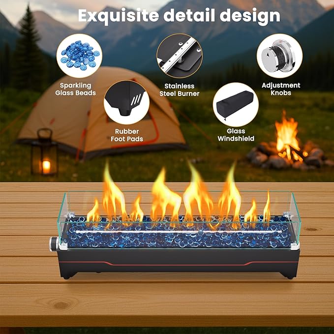 GRISUN Tabletop Fire Pit,28 Inch Propane Fire Pit Table,45000 BTU Table Top Firepit with Glass Wind Guard,Stainless Steel Burner,Fire Glass,Portable Propane fire Pit for Patio, Camping, Backyard & RV