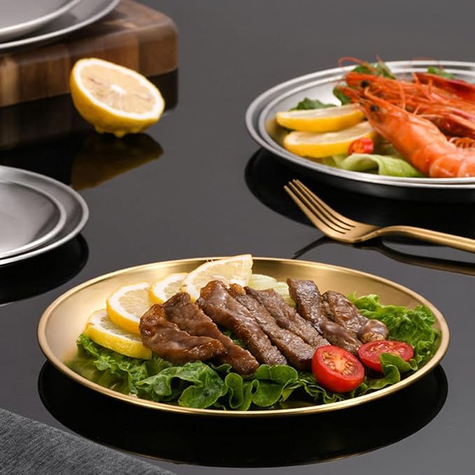 Stainless Steel Plates Metal Gold Dinner Plates Unbreakable Dinner Dishes Plates Set for Barbecue Kitchen Home Camping Outdoor Party (9inch 10Pcs)