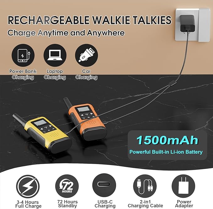 Walkie Talkies Long Range for Adults-2 Pack Rechargeable Walkie Talkies 22 FRS Channels 2-Way Radios with NOAA Weather Alert,VOX,Flashlight and 1500mAh Li-ion Battery for Family Camping Hiking