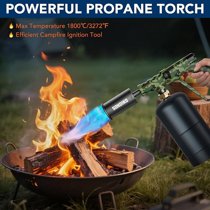 Sondiko Propane Torch Head, Powerful Kitchen Torch for Cooking, BBQ, Sous Vide and Steak Searing, Adjustable Blow Torch - Perfect Campfire Charcoal Starter(Propane Tank Not Included)