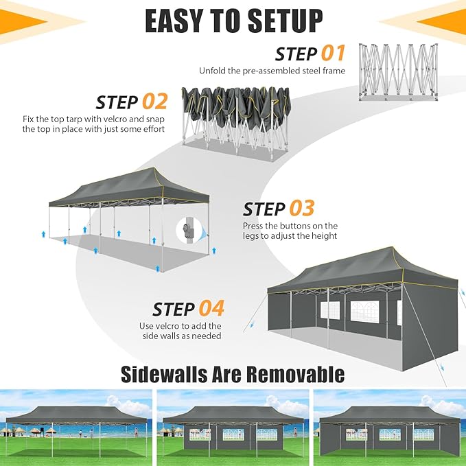 HOTEEL Tents for Parties 10x30 Heavy Duty Pop Up Canopy Tent with 5 Sidewalls&Wheeled Bag, Commercial Event Party Tent Wedding Instant Canopy Waterproof, UV 50+, Upgraded Thicked Hexagonal Legs, Gray