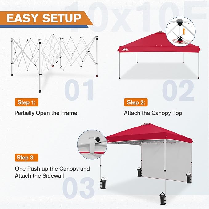 EAGLE PEAK Pop Up Canopy Tent with 1 Sidewall, Easy Setup Event Tent, Outdoor Sun Shade, Wheeled Carry Bag, Stakes and Guy Ropes, Instant Canopy 10x10, Red