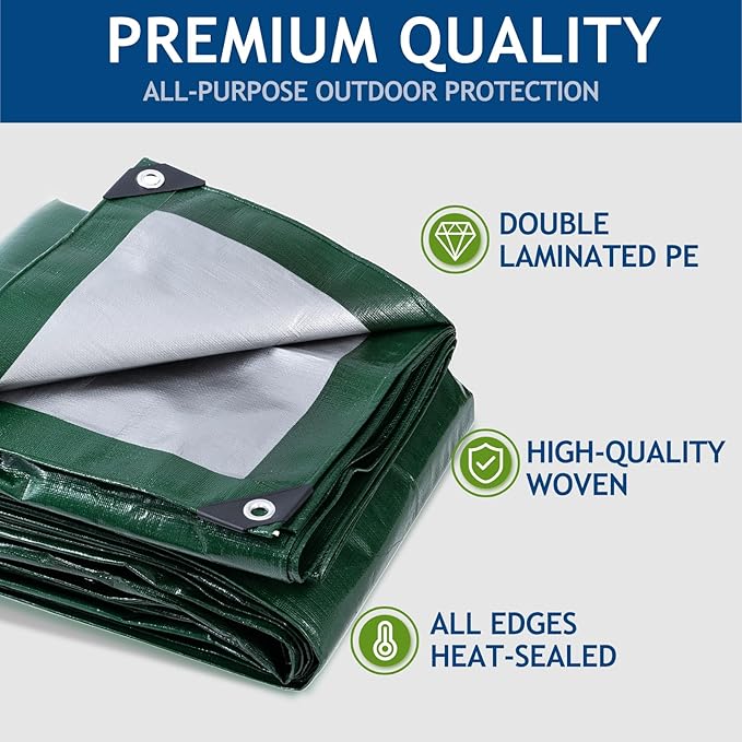 10 Mil Heavy Duty Waterproof Tarps, 10x12 Ft Finished Size Tarps, Premium Tarp with Metal Grommets & Reinforced Edge, Multipurpose Thick Tarp for Car, Boat, Roof, Camping - 2 Pack, Green