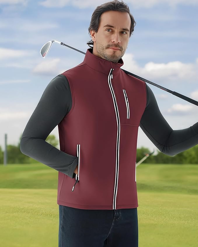 WULFUL Men's Windproof Lightweight Golf Vest Outerwear with Pockets, Softshell Sleeveless Jacket for Travel Hiking Running