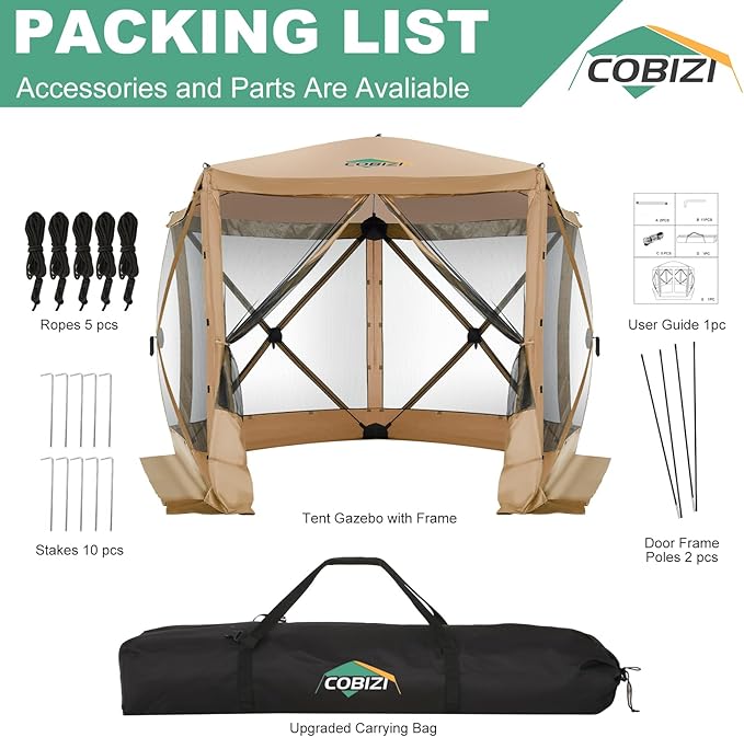 COBIZI 10x10ft Pop up Gazebo Screen House Tent for Camping, Pop-up Camping Canopy with Mesh Windows,Portable Outdoor Quick-Set Hub Tent with Carrying Bag&Ground Stakes,Khaki(Upgraded 2.0)