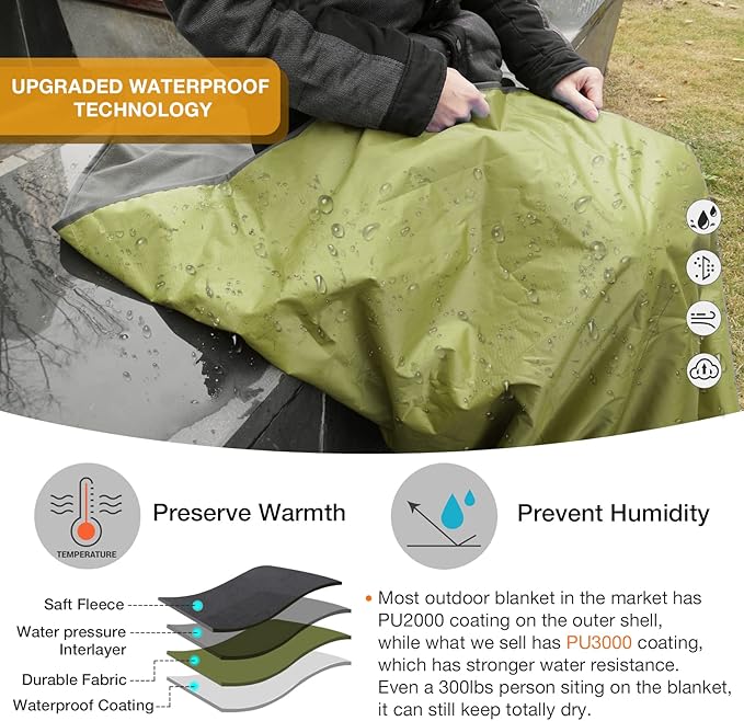 DUKUSEEK Waterproof Blanket Outdoor, Hooded Blanket Poncho - Large (79x56), Portable, Windproof Fleece Blankets for Cold Weather Camping, Picnic, Sports, Boat, Dogs, Festivals, Car, Emergencyβ¦