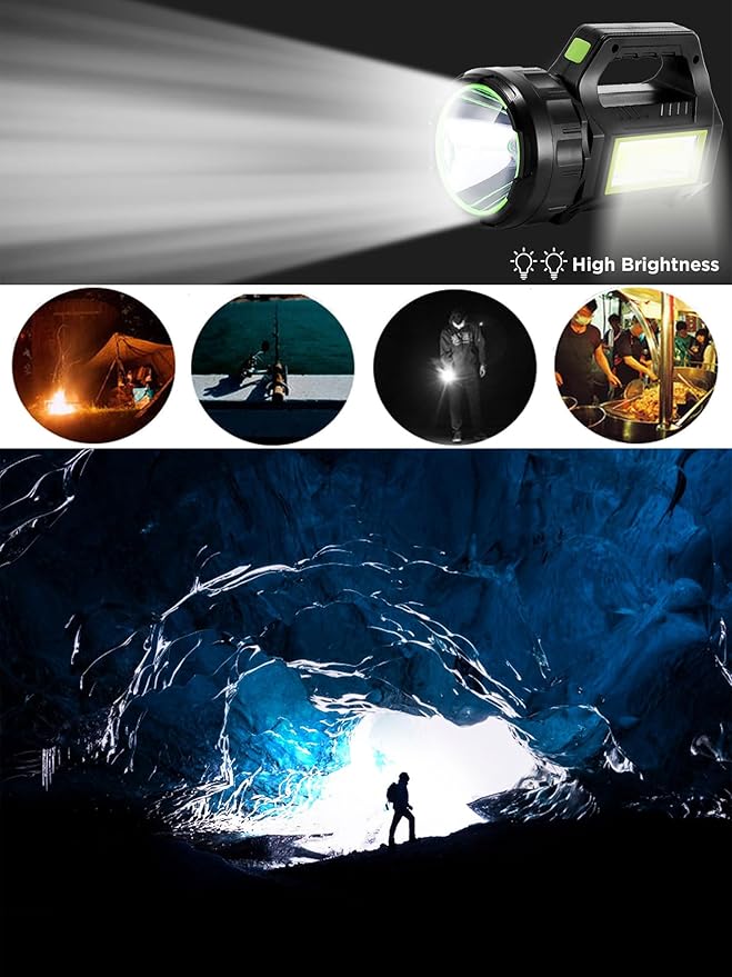 Solar LED Spotlight Lantern, Rechargeable Super Bright 10000LM Handheld LED Searchlight Flashlight, Multifunction Camping Lantern Work Light, 5 Light Modes, Waterproof, for Emergency, Home