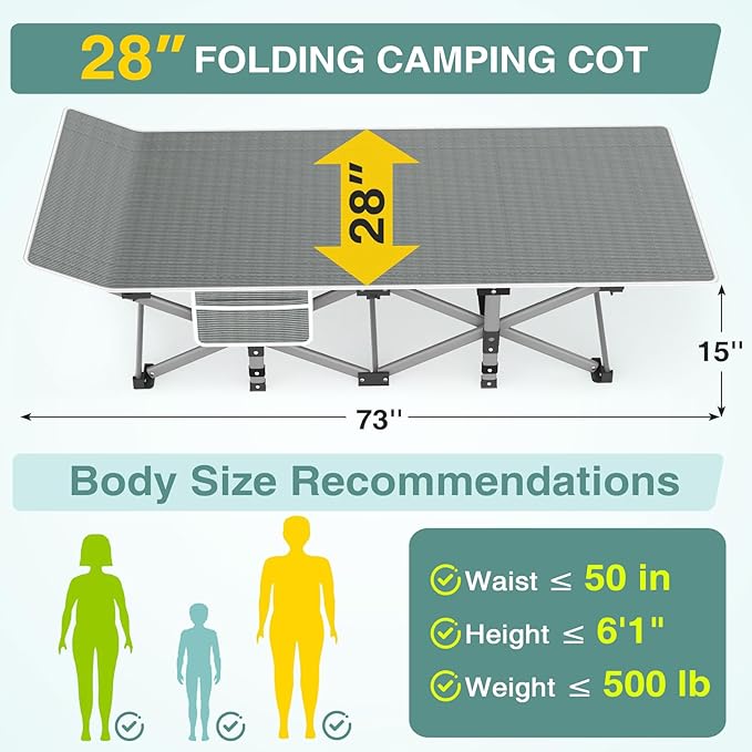 ZENPETIO 28In Folding Camping Cot for Adult, Portable Sleeping Cot with Mattress, Outdoor Heavy Duty Cot Bed for Camp with Carry Bag for Home, Office, Camp, Travel, Vacation(Max Loading 500lbs)