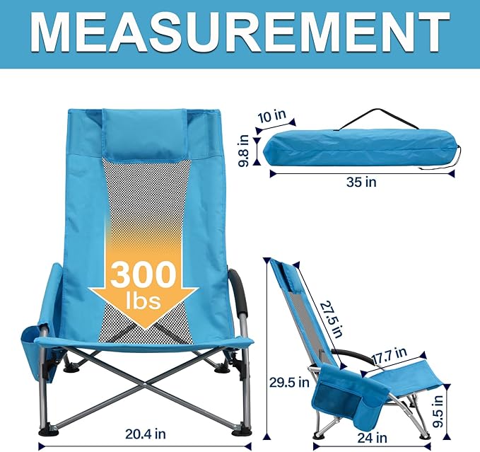 BESTHLS Low Beach Chairs for Adults 2 Pack, High Back Folding Sand Chairs for Beach, with Cup Holder & Carry Bag Lightweight and Portable for Outdoor, Camping, Lawn, Music Festival