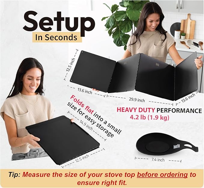 Foldable, Large 4-Sided Grease Splatter Guard, Stainless Steel Oil Splash Shield for Stove Top, Frying & Cooking, Nonstick Stove Splash Guard with Silicone Spoon Rest - Large with 4 panels