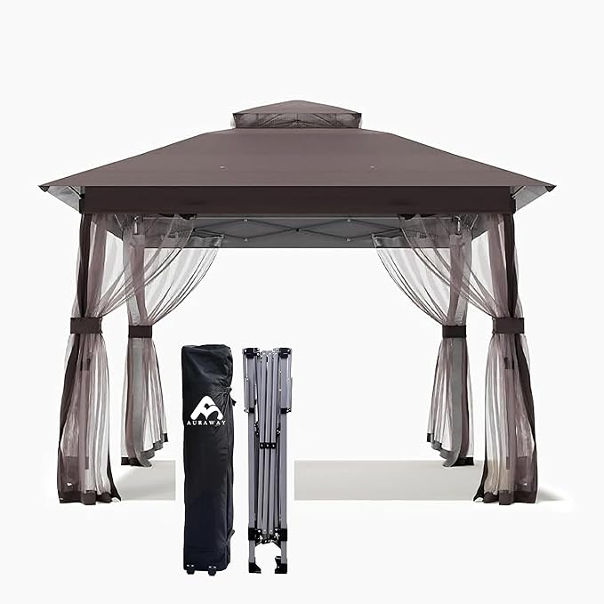 Auraway Instant Pop-Up Gazebo with Mosquito Net and Waterproof Double Roof - for Camping, Beach, Backyard; Easy Setup; Sun Shade with UV Protection (Chocolate) (13X13) (Chocolate, 13 * 13)