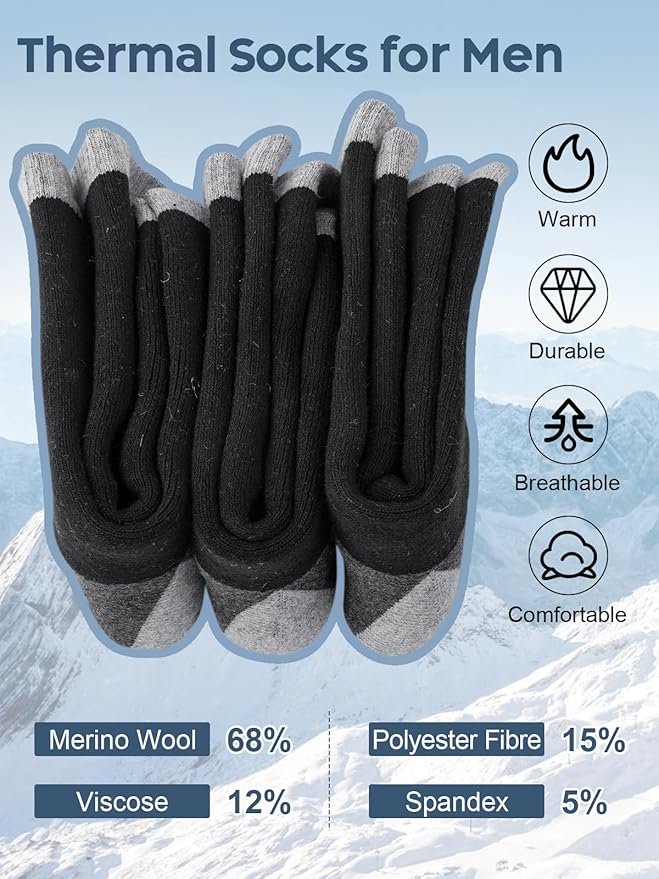Senker Fashion Merino Wool Hiking Socks for Men, Warm Crew Socks W/Cushion Moisture Wicking for Trekking Work Outdoor