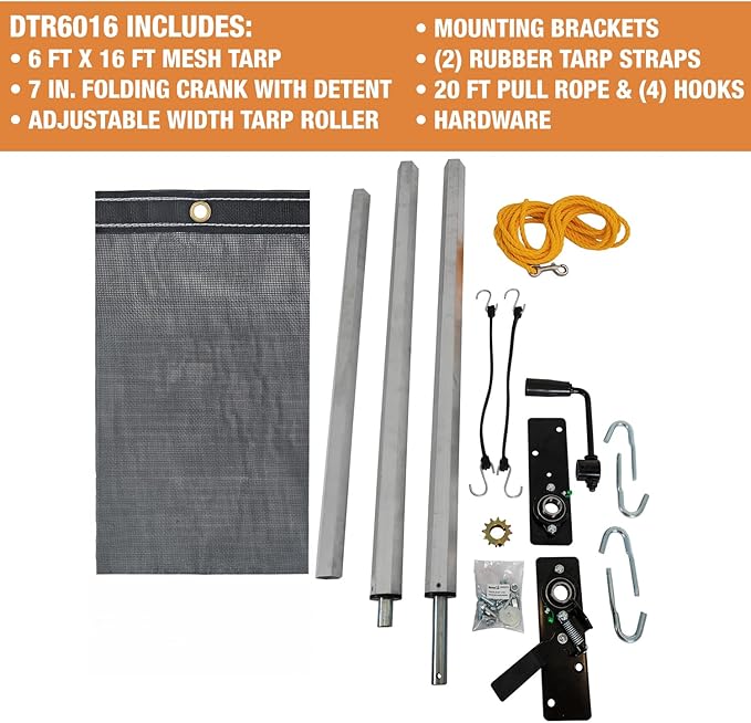 Buyers Products DTR6016 Manual Tarp System, 6 FT x 16 FT Mesh Tarp, Without Deflector, Dump Body Tarp Kit, Dump Trailer Accessories, Dump Body Accessories