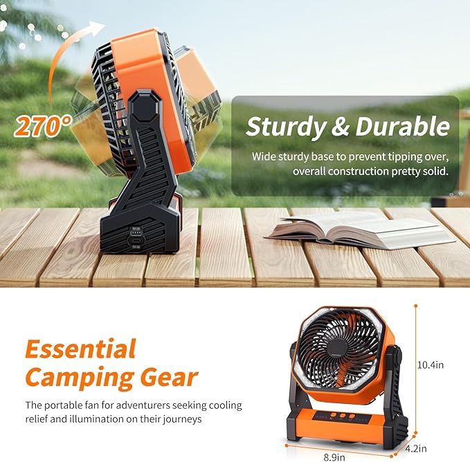 Camping LED Fan with Light,20000mAh Rechargeable Battery Powered Outdoor Tent Fan with Light and Hook, 4 Speed, Personal USB Desk Fan for Camping, Fishing, Power Outage,Hurricane, Worksite