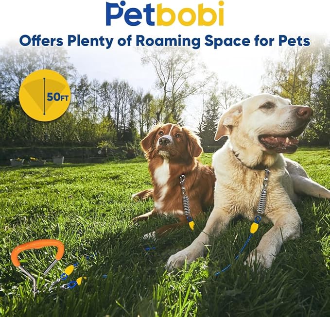 Petbobi Dog Tie-Out Cable and Stake - 50ft Heavy Duty Cable with Spring, No Tangle, 16in Ground Stake, Ideal for Yard, Camping and Beach, Suitable for Small Medium Large Dogs Up to 120 lbs, Blue