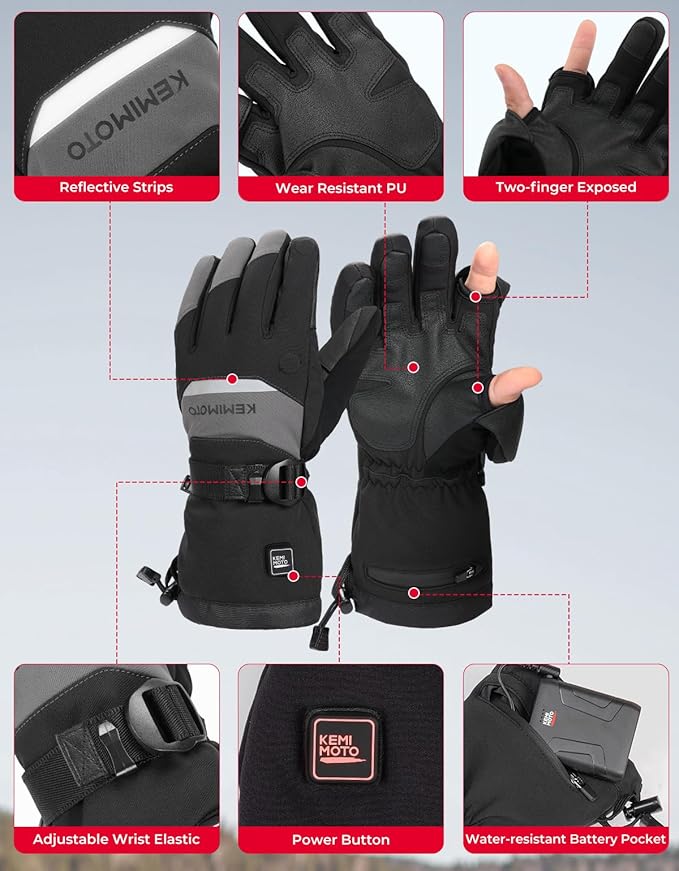 KEMIMOTO Mens Flip Magnetic Heated Gloves, Water-Resistant, Electric Rechargeable Battery 2pcs 7.4V Touchscreen Heating Gloves for Ice Fishing, Skiing, Motorcycling, Camping