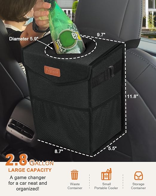 Car Trash Can with Lid, Cute Leakproof Car Trash Garbage Bag Hanging Vehicle Trash Bin Small Portable Automotive Garbage Cans Organizer for Back/Front Seat/Console(2.8 Gallons,Black)