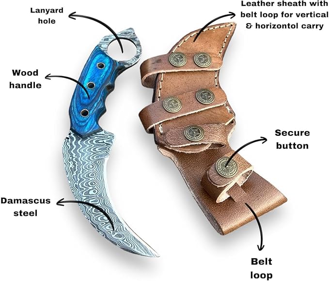 Handmade Damascus Steel Hunting Knife with Sheath | 7.5'’ EDC Fixed Blade Knives For Men and Women Demasticus Camping Survival Belt Knifes For Horizontal Carry with Blue Wood