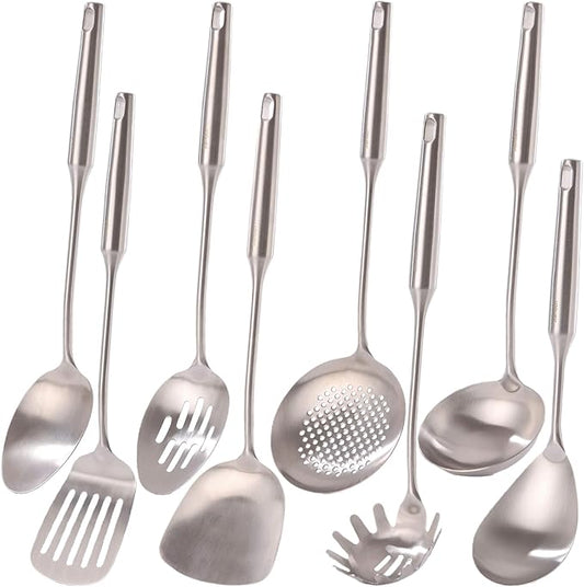 18/10 Stainless Steel Kitchen Utensils Set - 15” All Metal Cooking Tools & Serving Utensils, 8 PCS - Solid Spoon, Slotted Spoon, Spatula, Ladle, Skimmer, Tunner, Spaghetti Spoon, Large Spoon Set