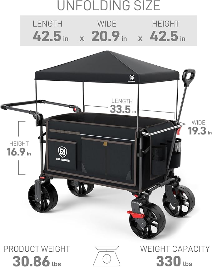 EVER ADVANCED Folding Push Wagon with Canopy, Portable Shopping Cart with Brakes, Collapsible Wagon Cart with All-Terrain Big Wheels for Camping, Beach, Sports