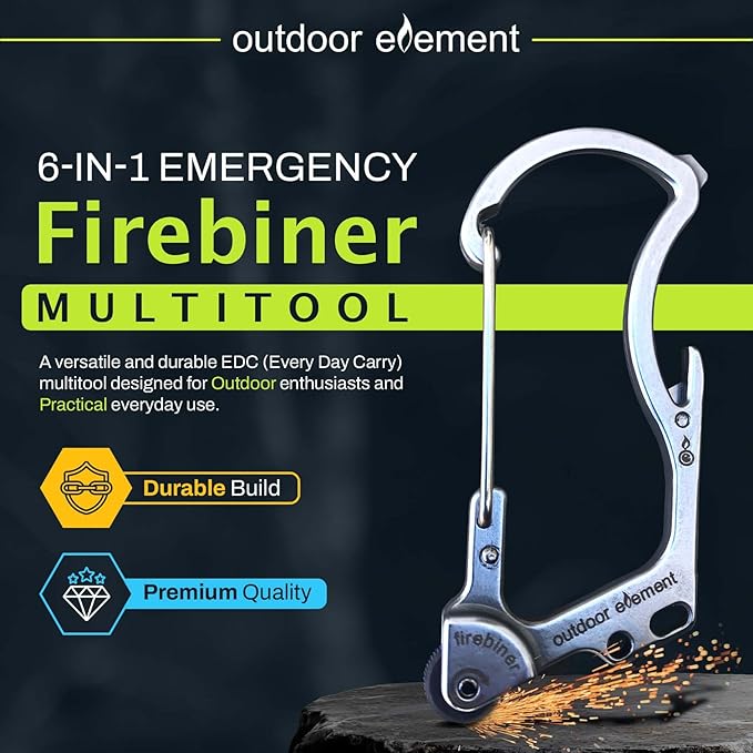 Firebiner 6-in-1 Fire-Starting Carabiner EDC Emergency Multitool -Keychain,Utility Blade,Bottle Opener,& More