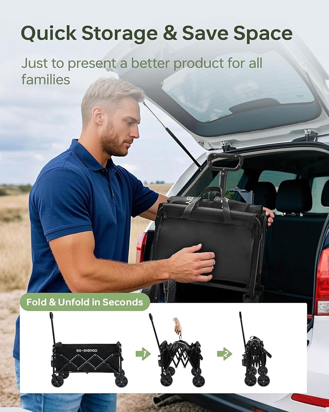 Collapsible Wagon Carts, Large Capacity Foldable Heavy Duty Garden Carts with Adjustable Handle, Utility Grocery Beach Wagon for Outdoor Camping, Shopping, Fishing and Sports - Black