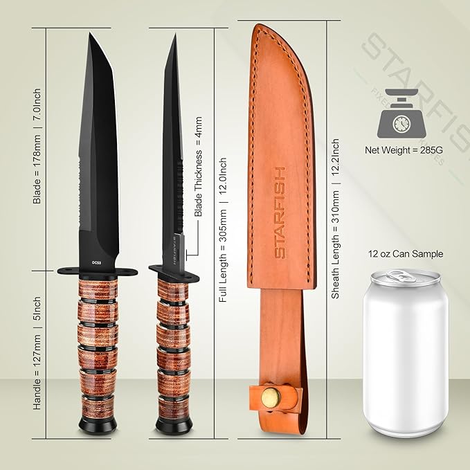 STARFISH Full Tang Fixed Blade Knife, 7.0” DC53 Steel Blade with Black Titanium Coating Hunting Knife with Sheath, Ergonomic Leather Handle Bushcraft Bowie Knives for Camping, Hiking