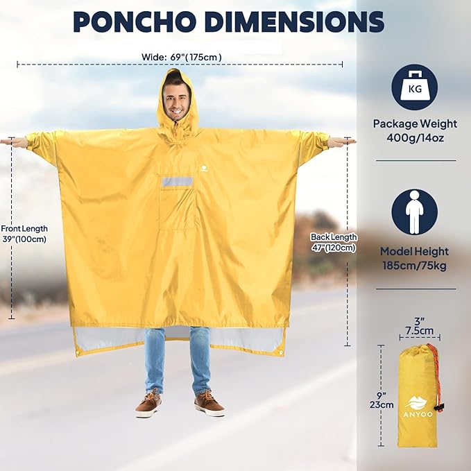 ANYOO Hooded Rain Poncho for Adults Waterproof Lightweight Rain Coat for Men Women Reusable Rain Jacket for Emergency Outdoor
