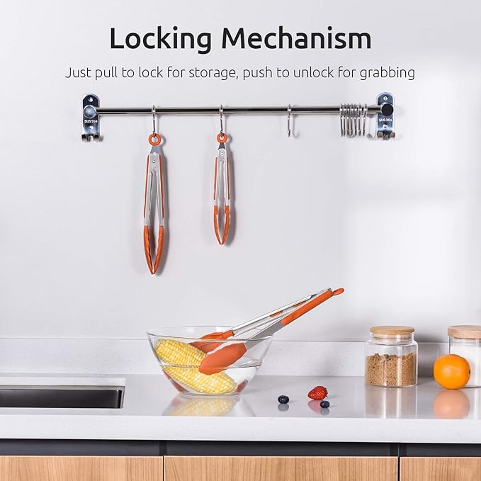 Kitchen Tongs, U-Taste 7/9/12 inches Cooking Tongs, with 600ºF High Heat-Resistant Non-Stick Silicone Tips, 18/8 Stainless Steel Handle, for Food Grill, Salad, BBQ, Frying, Serving, Pack of 3(Orange)