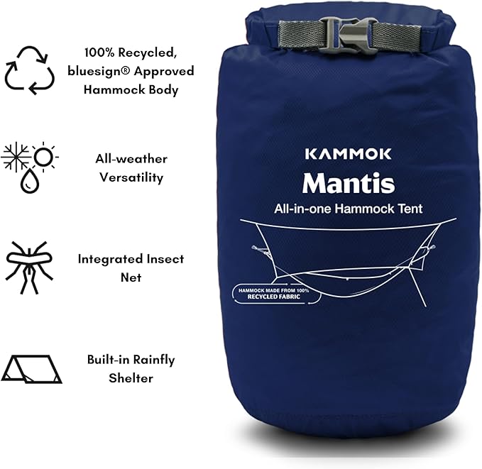 KAMMOK Mantis Hammock, All Seasons, Mosquito Net, Storage Bag, Camping, Outdoor Activities - Midnight Blue