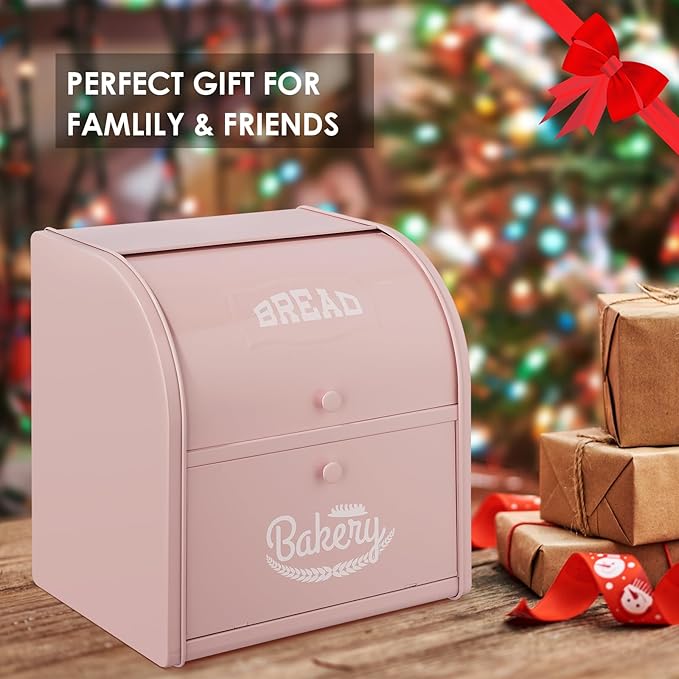 Bread Box, Metal Bread Box For Kitchen Countertop, Bread Storage Container Holds 2 Loaves Of Bread, High Capacity Breadbox, Bread Holder Suit Farmhouse Kitchen Decor For Counter (Pink)