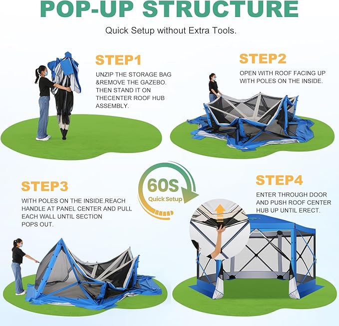 COBIZI 12x12 Pop up Gazebo Screen House Tent for Camping, Outdoor Canopy with Removable Roof & Mosquito Netting, Portable Hub with Carrying Bag and Ground Stakes, Blue