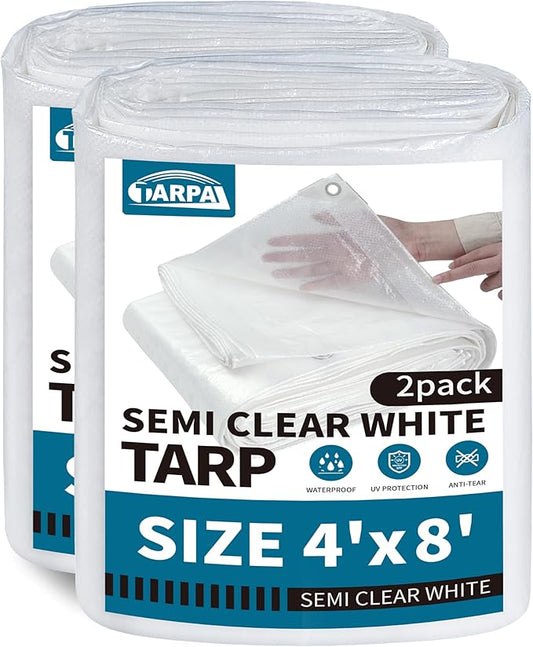 TARPAL 4'x8'(2pack) Semi Clear White Tarp Waterproof Green House Cover with Grommets 7.5mil Clear Poly tarps for Gardening,Farm, Garden,Chicken Coops,Outdoor
